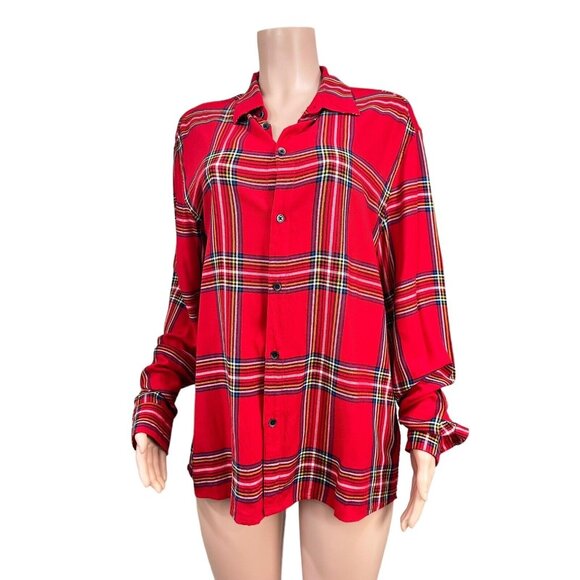 H&M Women Red Plaid Button Down Shirt SZ L Christmas Classic -Holiday Multicolor - Picture 11 of 15